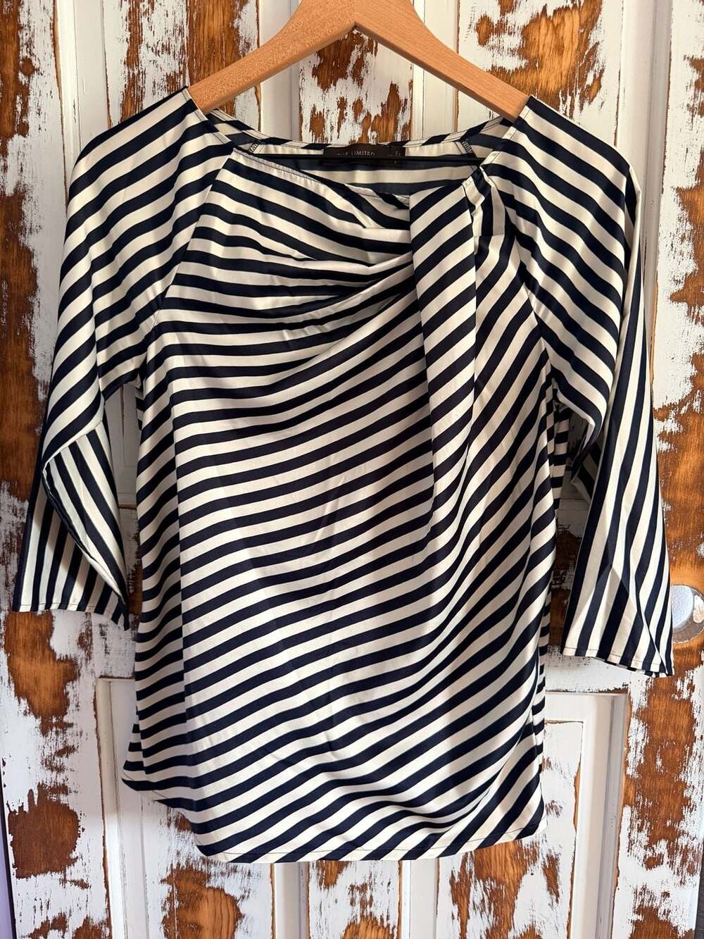 The Limited Parisian Coastal Yacht Club Black and White Striped 3/4 Sleeve Top